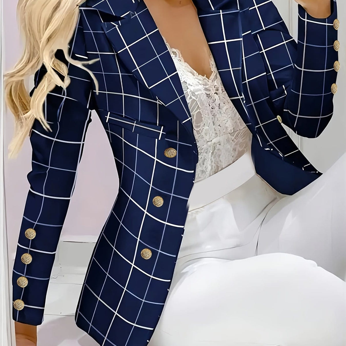KissICON Navy Blue / UK 16 Curve Elegant Checkered Tailored Blazer – Mature