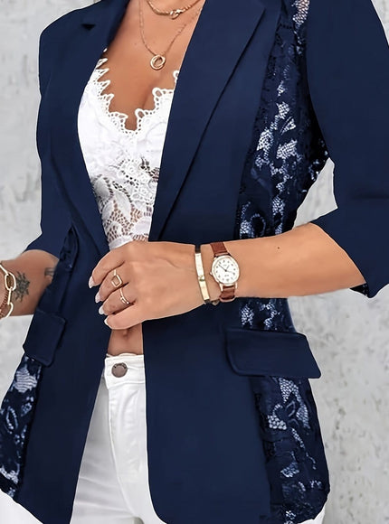 KissICON Navy Blue / UK 16 Elegant Curve Lace Trim Relaxed Blazer