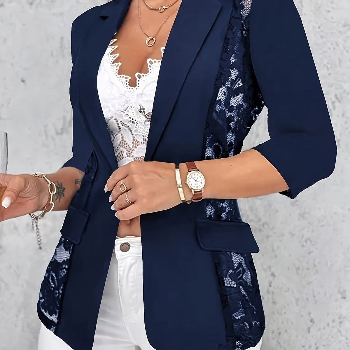 KissICON Navy Blue / UK 16 Elegant Curve Lace Trim Relaxed Blazer