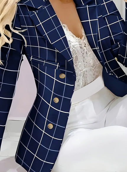 KissICON Navy Blue / UK 16 Elegant Curve Tailored Blazer – Classic Checks Allseason