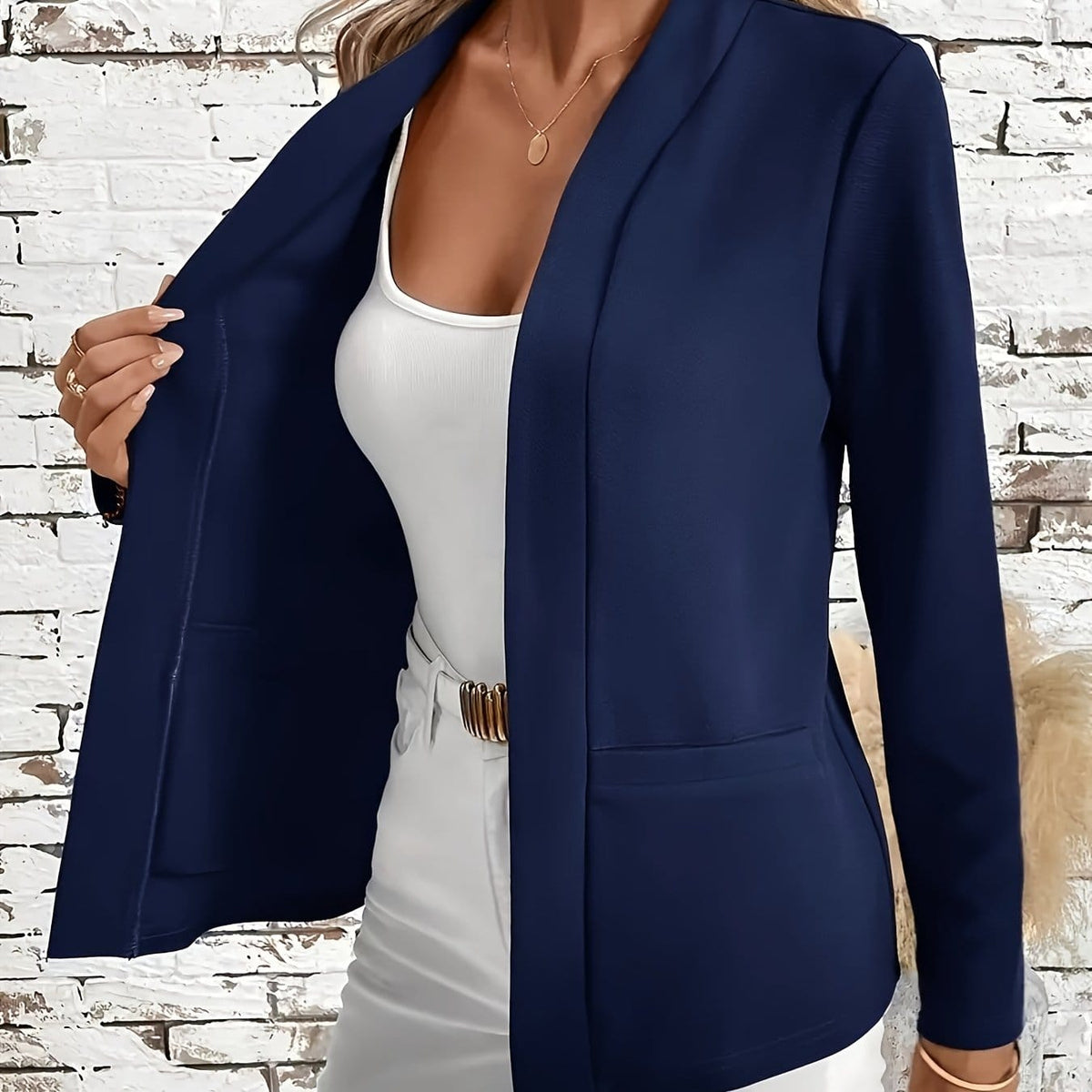 KissICON Navy Blue / UK 16 Elegant Navy Longline Blazer – Chic To Party