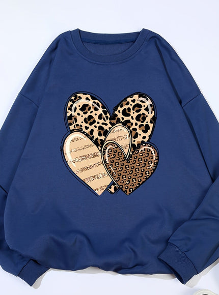 jkthpu-45 Navy Blue / UK 16 Fashionable Round-Neck Sweatshirt with Leopard Print And Heart