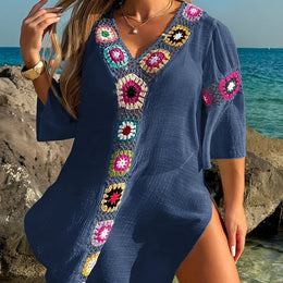 KissICON Navy Blue / UK 16 Moxdo Boho Floral V-Neck Maxi Beach Dress