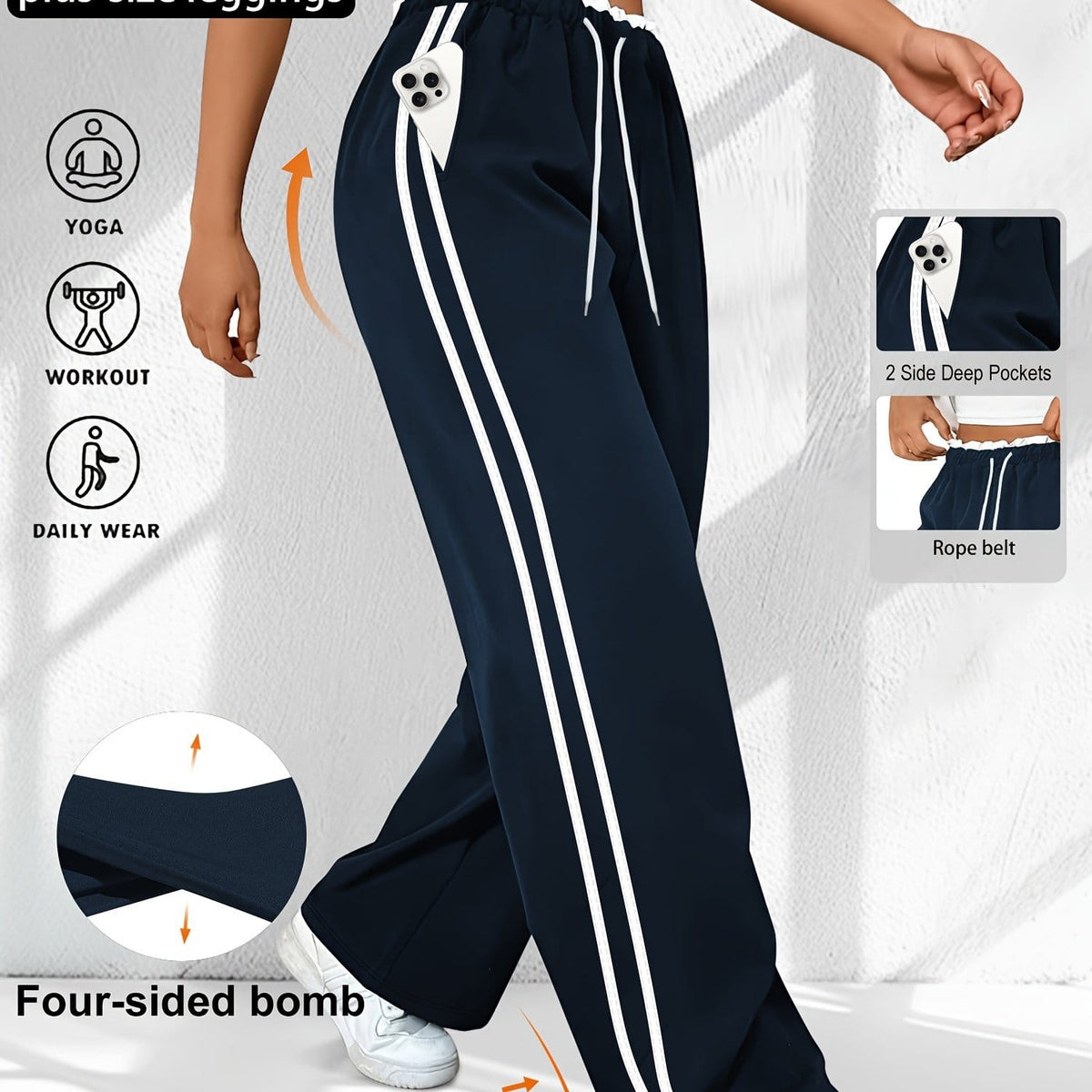 jkthpu-45 Navy Blue / UK 16 Plus Size High Stretch Straight Leg Trousers with Side Stripe – 6 Colours