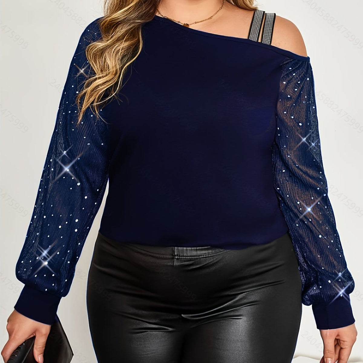 jkthpu-45 Navy Blue / UK 16 Plus Size - Plus Size, Women'S Elegant Off-the-Shoulder T-Shirt - Long Bell Sleeves, Stretchy Formal & Everyday Tops for Parties, Dates, Office - Plus Size Friendly Chic Blouse, Date Night Outfit, Retro Streetwear, Comfortable Fit, Stylish Top