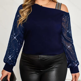 jkthpu-45 Navy Blue / UK 16 Plus Size - Plus Size, Women'S Elegant Off-the-Shoulder T-Shirt - Long Bell Sleeves, Stretchy Formal & Everyday Tops for Parties, Dates, Office - Plus Size Friendly Chic Blouse, Date Night Outfit, Retro Streetwear, Comfortable Fit, Stylish Top