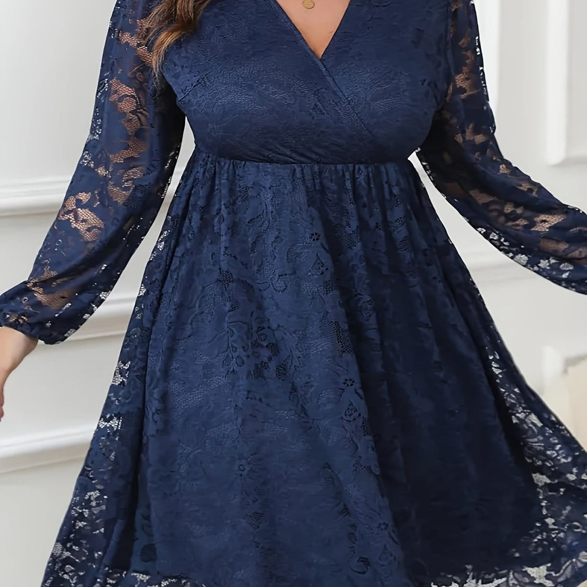 jkthpu-45 Navy Blue / UK 16 Plus Size Women's Elegant V-Neck Lace Sleeve A-Line Dress - Navy Blue Contrast Lace Midi Length, Fitted Top & Flowy Skirt, Machine Washable for Parties, Weddings, Casual Outings, Lace Dress, Wedding Attire, Semitransparent Fabric