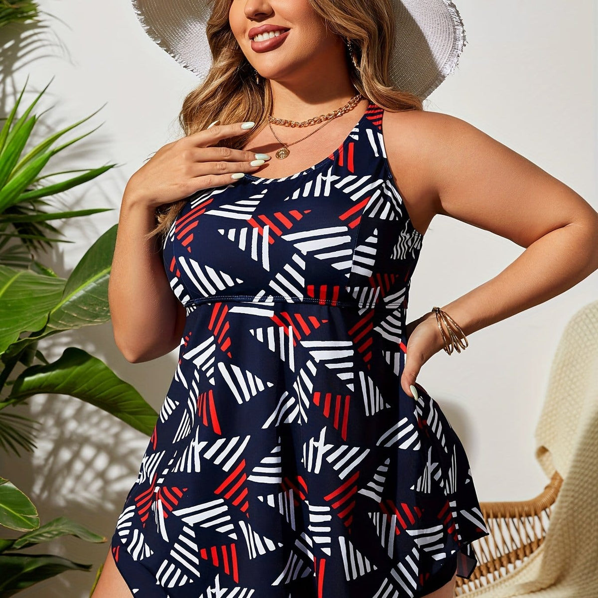 KissICON Navy Blue / UK 16 Women's Curve Tankini – Mature Geometric Pattern