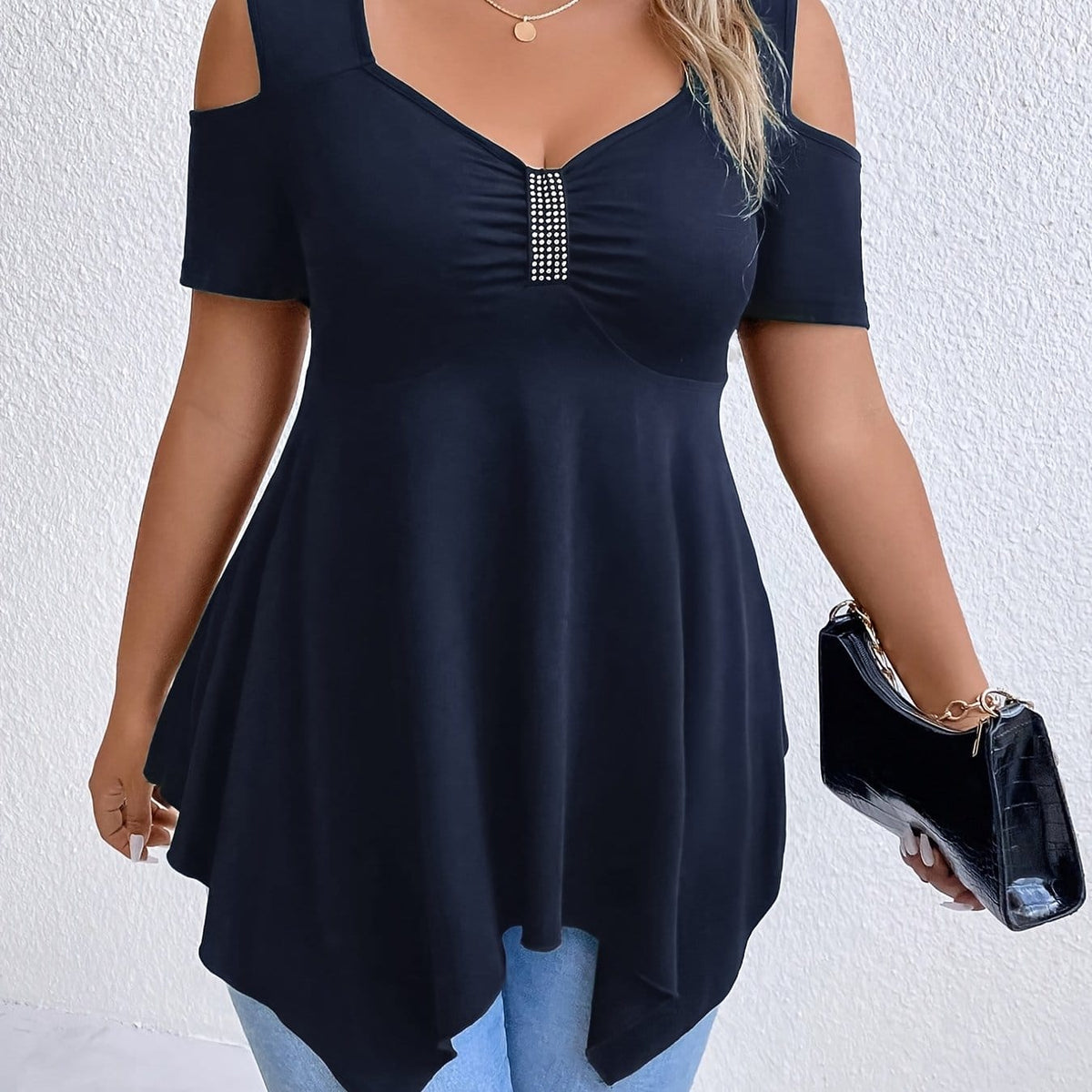 jkthpu-45 Navy Blue / UK 16 Women's Plus Size Square Neck Rhinestone-Embellished Off-Shoulder Top