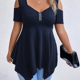jkthpu-45 Navy Blue / UK 16 Women's Plus Size Square Neck Rhinestone-Embellished Off-Shoulder Top
