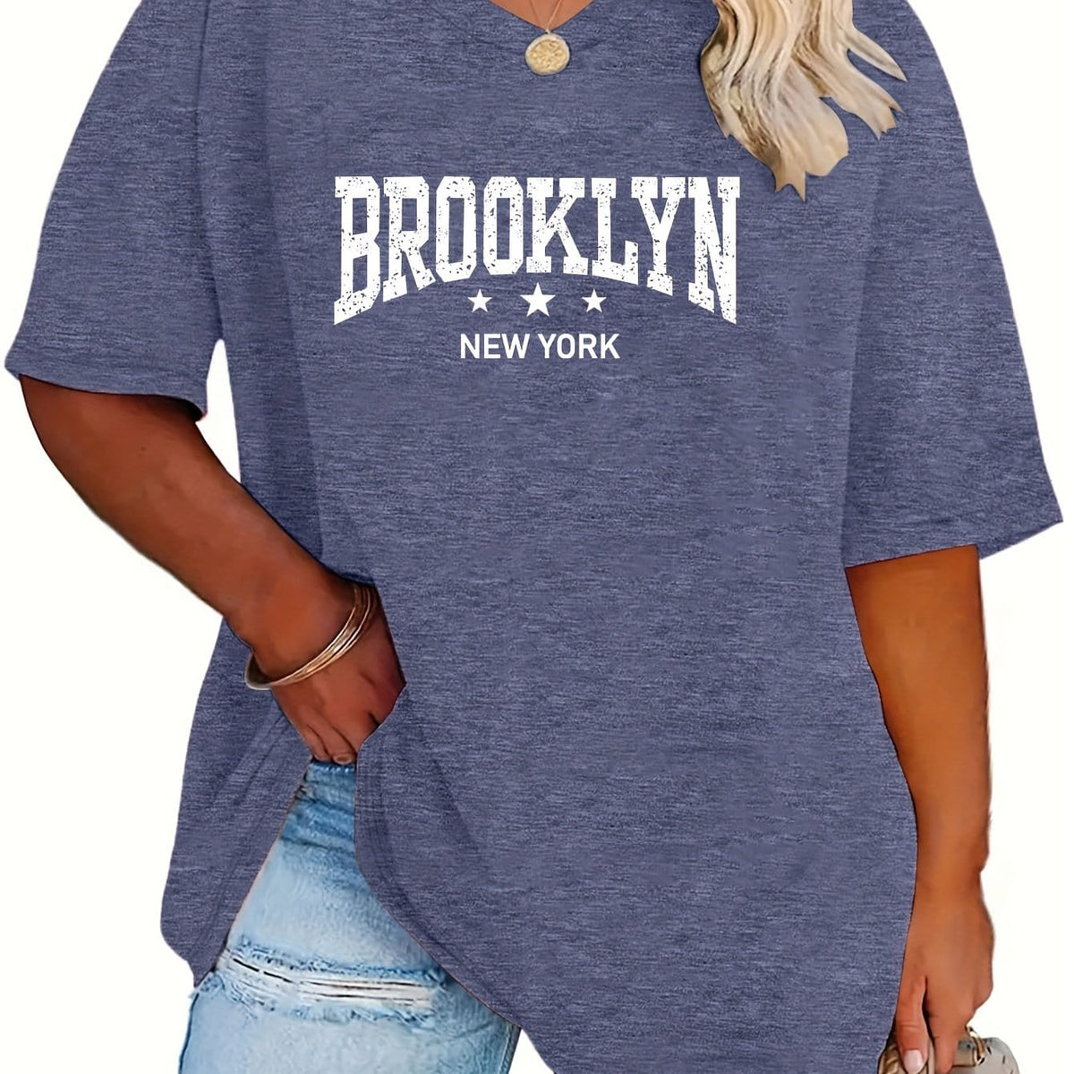 jkthpu-45 Navy Blue / UK 16 Women's Summer New Plus Size Fashion Letter Three-Star