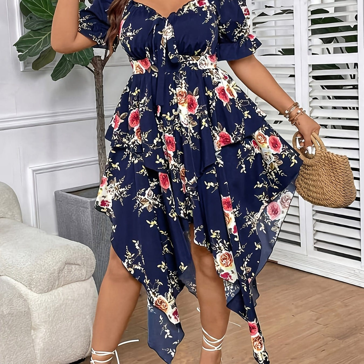 jkthpu-45 Navy Blue / UK 18 [Elegant Maxi Dress] Elegant Plus Size Floral Print Maxi Dress | V-Neck, Lace-Up Detail, Asymmetrical Hem - Non-Stretch Fabric, Perfect for All Seasons