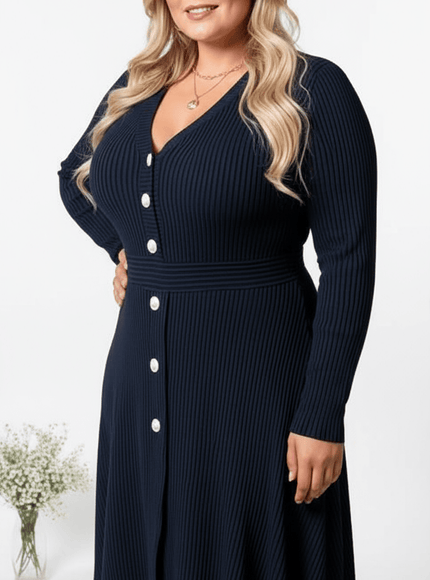 jkthpu-45 Navy Blue / UK 18 Elegant Plus Size VNeck Stretch FallWinter Dress