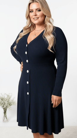 jkthpu-45 Navy Blue / UK 18 Elegant Plus Size VNeck Stretch FallWinter Dress