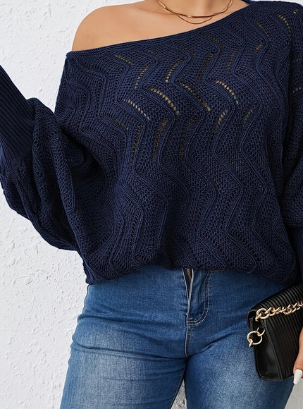 jkthpu-45 Navy Blue / UK 18 Elegant Women's Plus-Size Hollow-Shoulder Pullover - Off-Shoulder Long