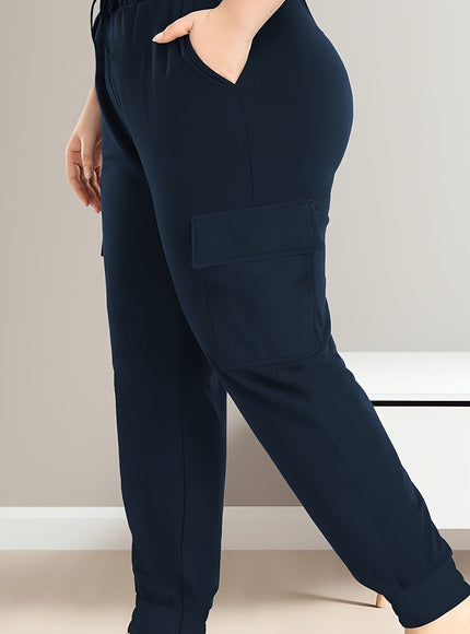jkthpu-45 Navy Blue / UK 18 [Plus Size Cargo Pants] Stretchy Plus Size High-Waist
