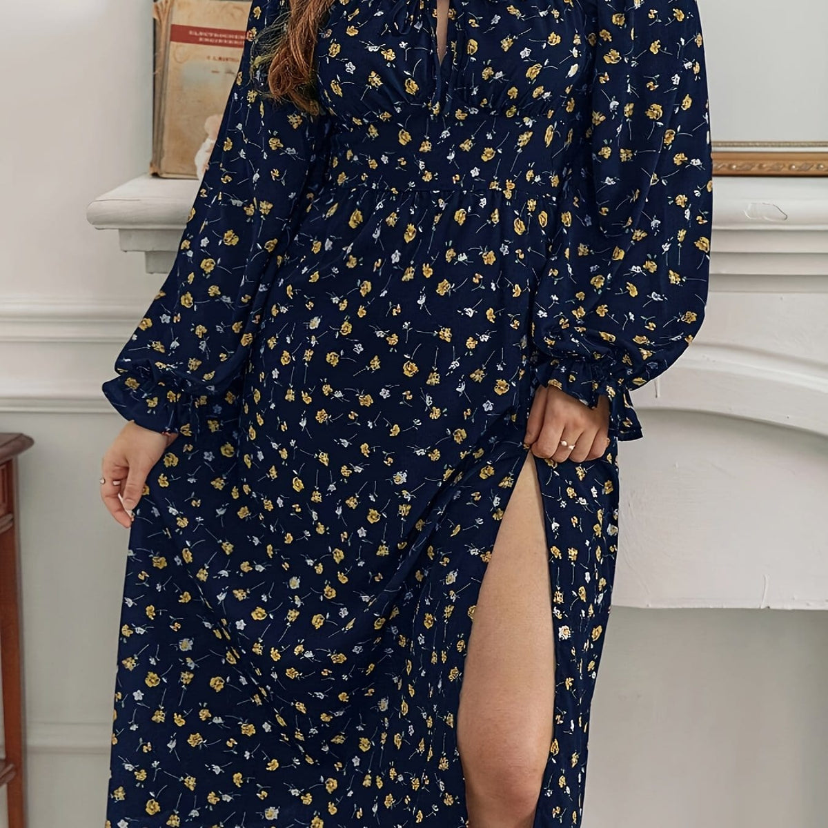 jkthpu-45 Navy Blue / UK 18 Plus Size Floral Print Square Neck Long Sleeve Midi Dress - Navy Blue & Golden Casual Pencil Dress for Women, Machine Washable Spring/Fall Outfits, Seasonal Clothing, Flowing Silhouette, Comfortable Material, Casual Attire