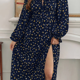 jkthpu-45 Navy Blue / UK 18 Plus Size Floral Print Square Neck Long Sleeve Midi Dress - Navy Blue & Golden Casual Pencil Dress for Women, Machine Washable Spring/Fall Outfits, Seasonal Clothing, Flowing Silhouette, Comfortable Material, Casual Attire