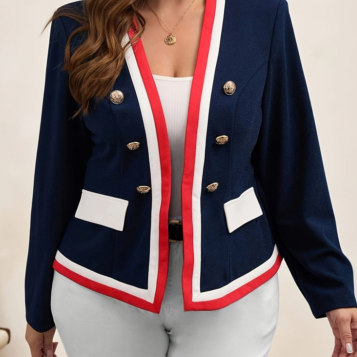 jkthpu-45 Navy Blue / UK 18 Plus Size Navy Blue V-Neck Double-Breasted Business Suit Jacket