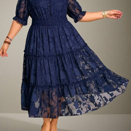 jkthpu-45 Navy Blue / UK 18 Plus Size - Plus Size, Women'S Elegant Navy Blue Floral-like print chiffon dress - Flared skirt, Formal & Everyday Outfits - Easy-Care Women'S Party, Office, Brunch Attire - Elegant Women'S Clothing, Chiffon Dress, Office Wear, Flowy Fabric, Party Outfit,