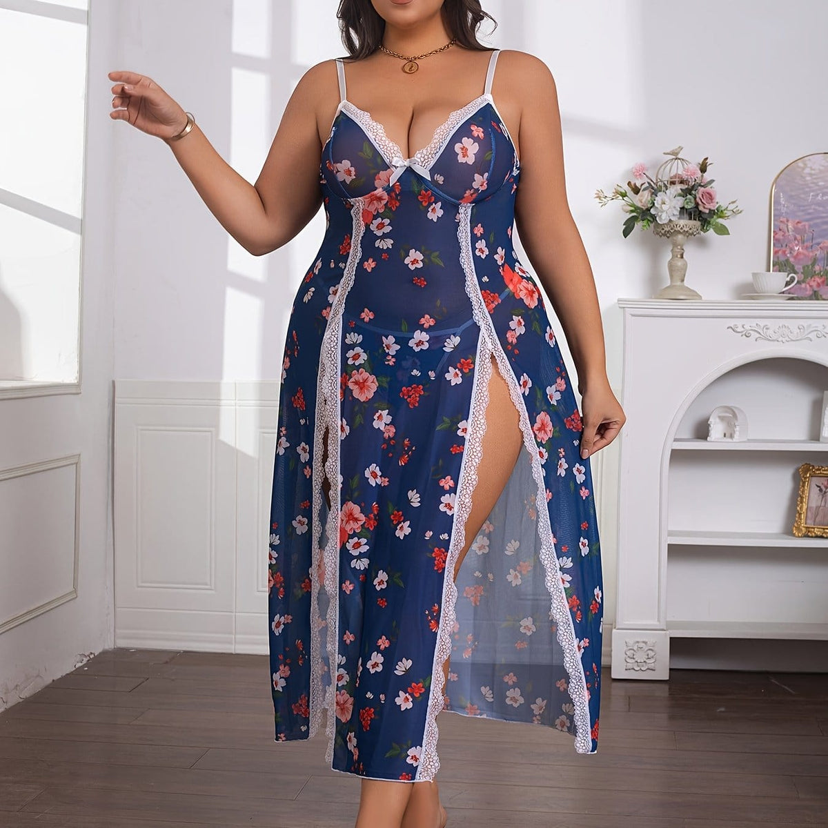 jkthpu-45 Navy Blue / UK 18 Plus Size Women's Floral Print Contrast Lace Backless Camisole Nightgown - Sexy Semi-Sheer Stretchy Sleepwear with Bow Accents, All-Season Comfort for Special Occasions & Intimate Moments, Romantic Nightwear, Offshoulder Camisole, Delicate Fabric, Comfort