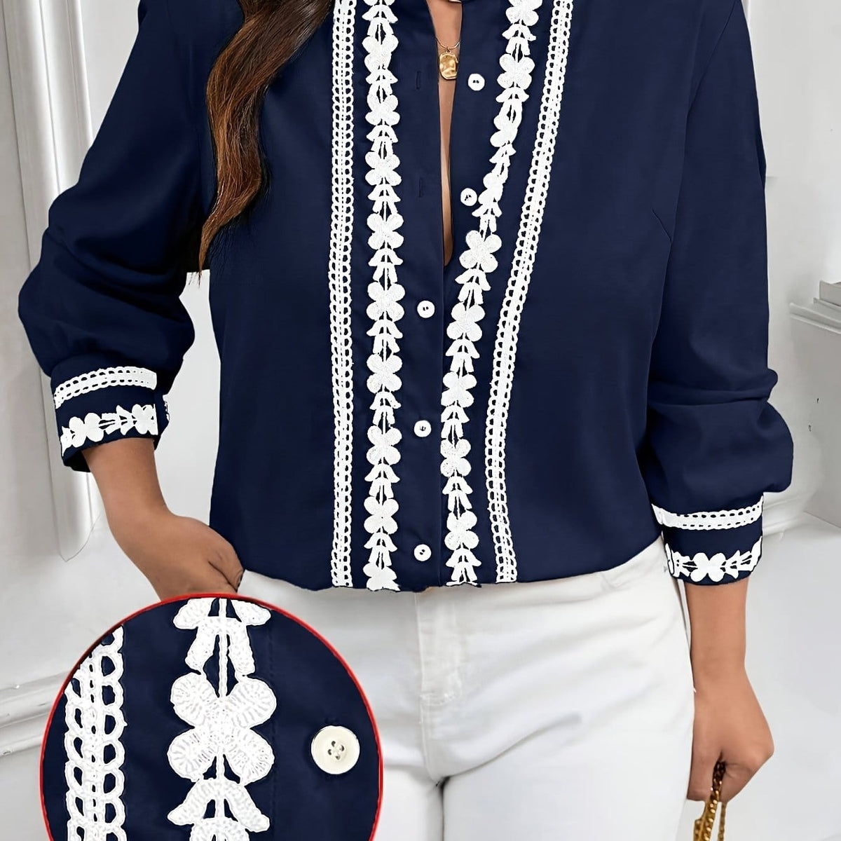KissICON Navy Blue / UK 18 Plus Size, Women's Plus Size Elegant Navy Blue Blouse - Long Sleeve Button-front Shirt with Lace-like trim, Non-Stretch Office Formal Tops for Women, Machine Washable Elegant Shirt for Fall/Winter Wardrobe, Winter Fashion, Cl