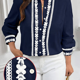 KissICON Navy Blue / UK 18 Plus Size, Women's Plus Size Elegant Navy Blue Blouse - Long Sleeve Button-front Shirt with Lace-like trim, Non-Stretch Office Formal Tops for Women, Machine Washable Elegant Shirt for Fall/Winter Wardrobe, Winter Fashion, Cl