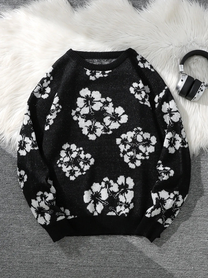 Cool Floral Jacquard Mens Crew Neck Winter Pullover Gift
