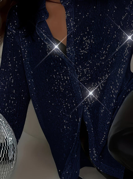 KissICON Navy Color / UK 16 Elegant Sequined Collar Shirt – Curve