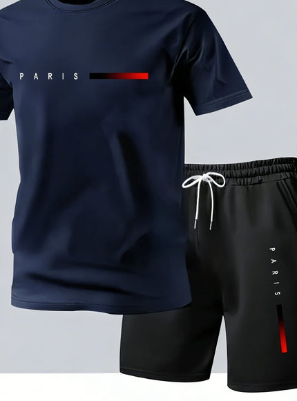 KissICON Navy Color / UK 38 Paris Print Mens Summer TShirt  Shorts Set