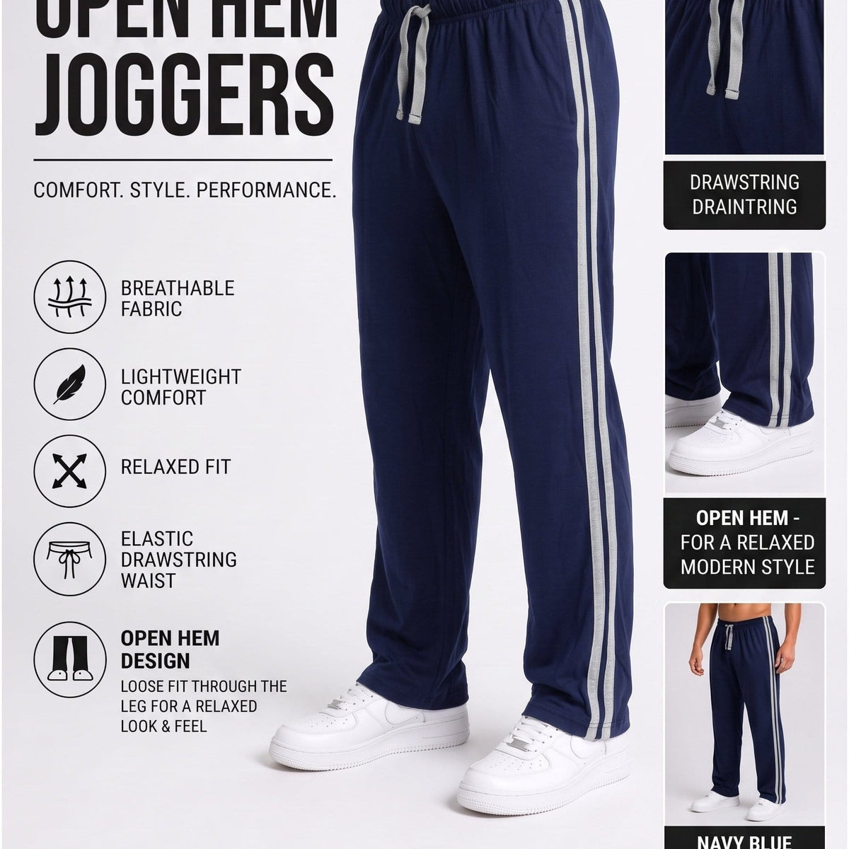 KissICON Navy Color / XL Men's Striped Track Pants Casual Joggers Open Hem Athletic Sweatpants Comfortable Loose Fit Gym Running Trousers with Side Pockets | S to XXL sizes available UK
