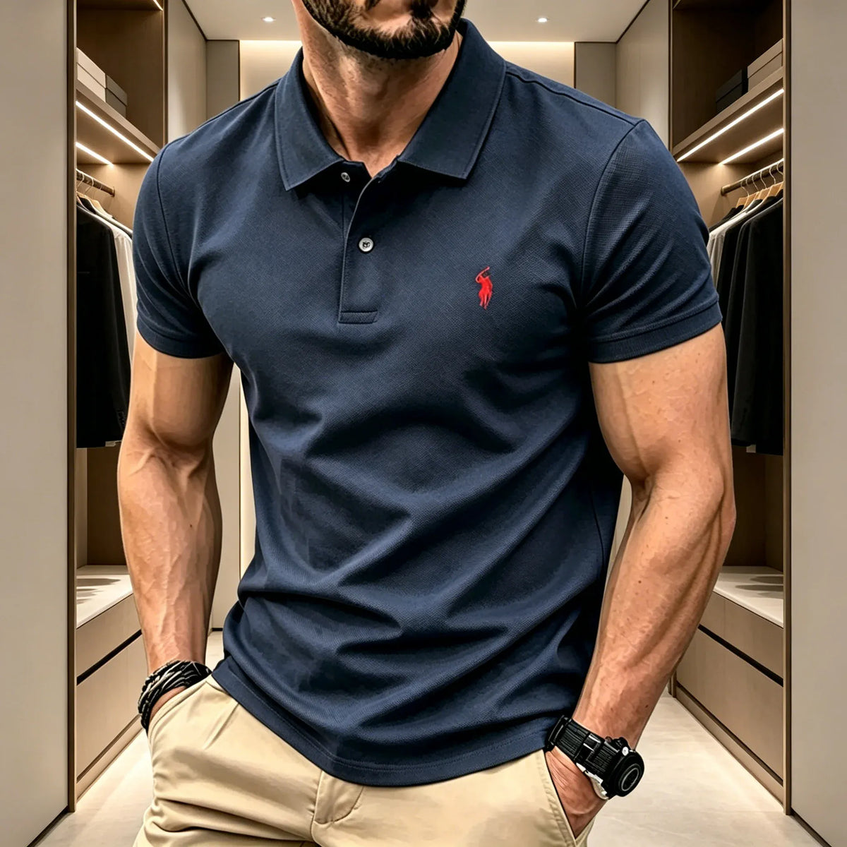 KissICON navy11 / 4XL Mens Breathable Lapel Polo Shirt with Rider Embroidery