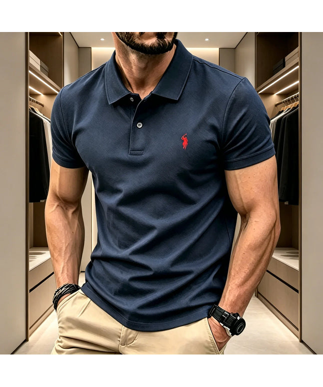KissICON navy11 / M Mens Breathable Lapel Polo Shirt with Rider Embroidery