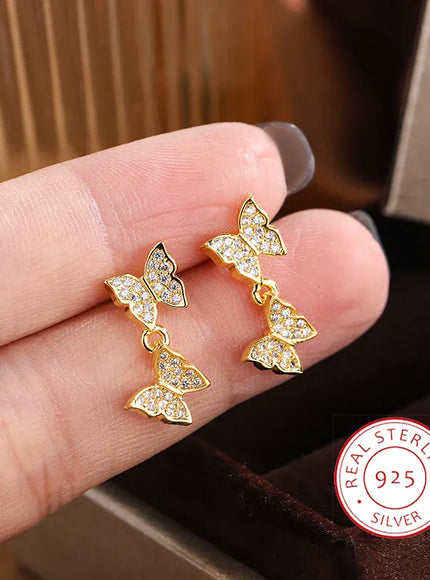 KissICON NEW 925 Silver Plated Shine Temperament Cute Butterfly Stud Earrings For Women Trendy Charming Anniversary Gift Jewelry