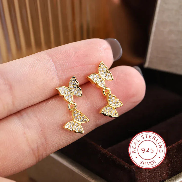 NEW 925 Silver Plated Shine Temperament Cute Butterfly Stud Earrings For Women Trendy Charming Anniversary Gift Jewelry