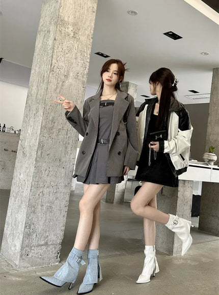 KissICON New Design Denim Buckle Thin Heels Ankle Boots