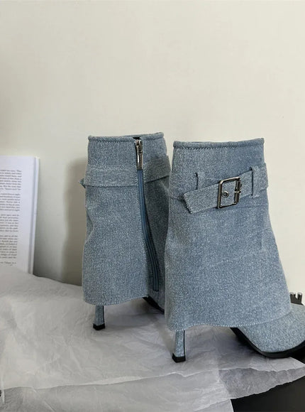KissICON New Design Denim Buckle Thin Heels Ankle Boots