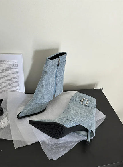 KissICON New Design Denim Buckle Thin Heels Ankle Boots