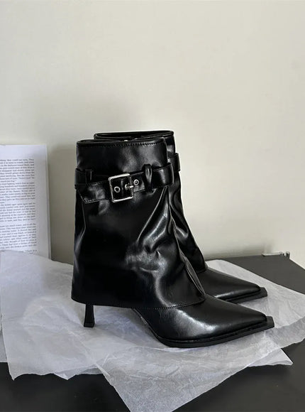 KissICON New Design Denim Buckle Thin Heels Ankle Boots
