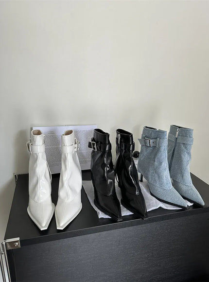 KissICON New Design Denim Buckle Thin Heels Ankle Boots
