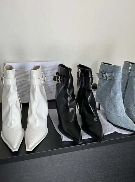 KissICON New Design Denim Buckle Thin Heels Ankle Boots