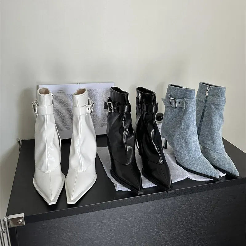 KissICON New Design Denim Buckle Thin Heels Ankle Boots