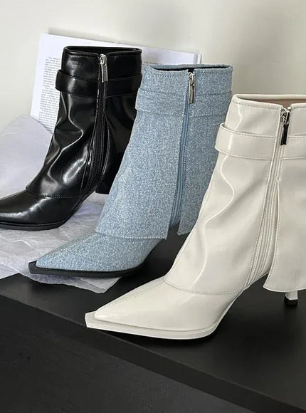 KissICON New Design Denim Buckle Thin Heels Ankle Boots