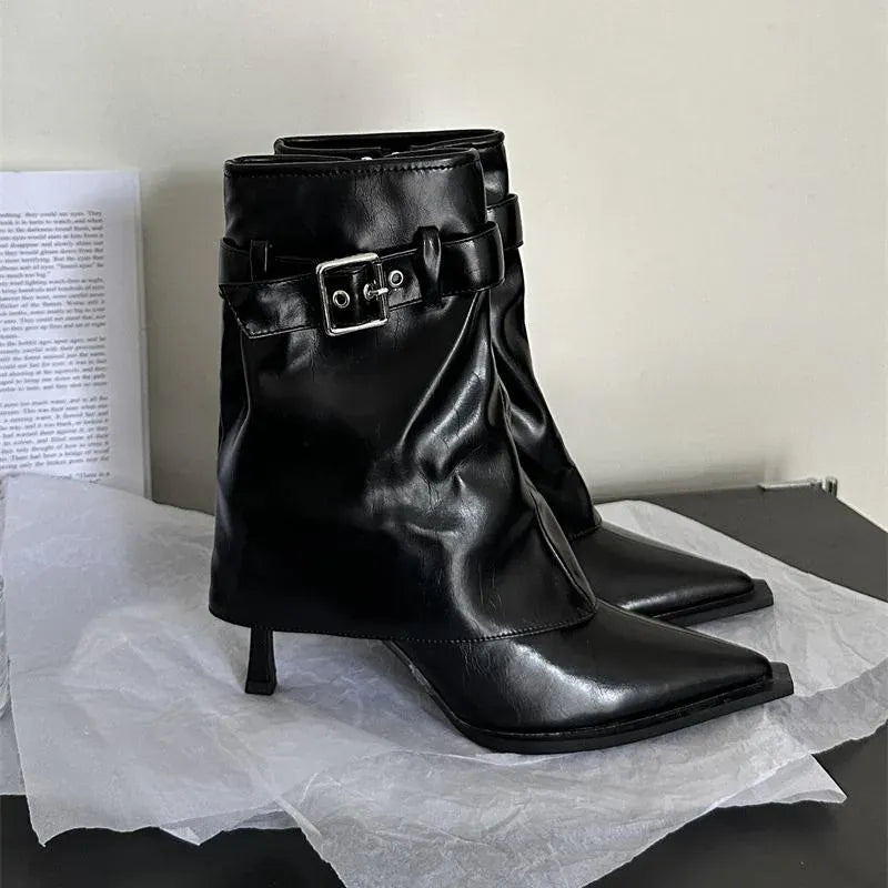 KissICON New Design Denim Buckle Thin Heels Ankle Boots