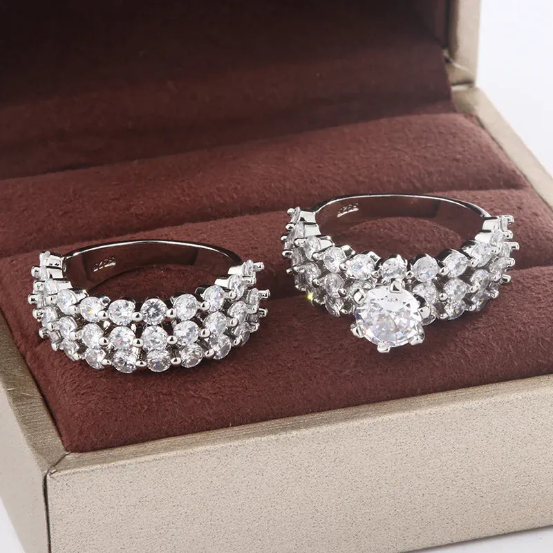 KissICON New Fashion Full Star Imitation Diamond Ring European and American Exaggerated Style 925 Silver Plated Wedding Engagement Ring