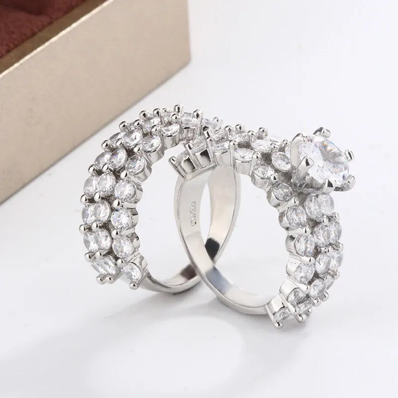 KissICON New Fashion Full Star Imitation Diamond Ring European and American Exaggerated Style 925 Silver Plated Wedding Engagement Ring