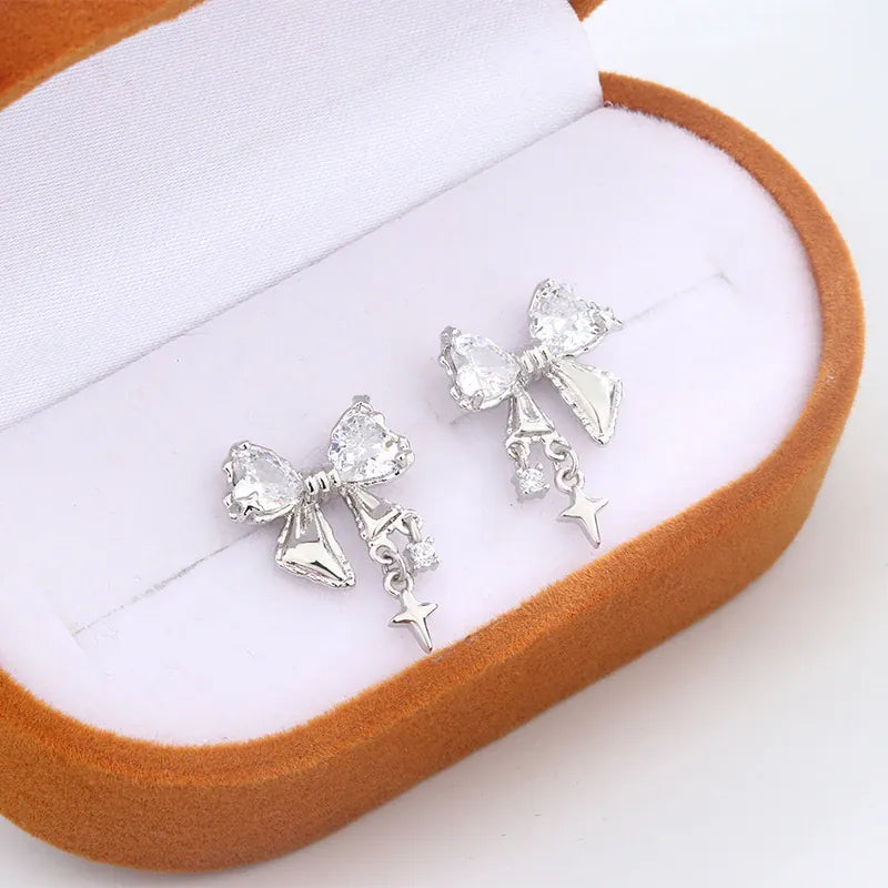 KissICON New High Quality 925 Silver Plated Women's Earrings Fashion Bow Shape Color Zircon Jewelry Anniversary Gift Earrings for Women