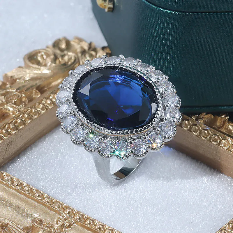 KissICON New High Quality Blue Zircon Ring for Women's Big Shiny AAA Zircon Jewelry Party Ring Engagement Jewelry Wedding Ring for Women