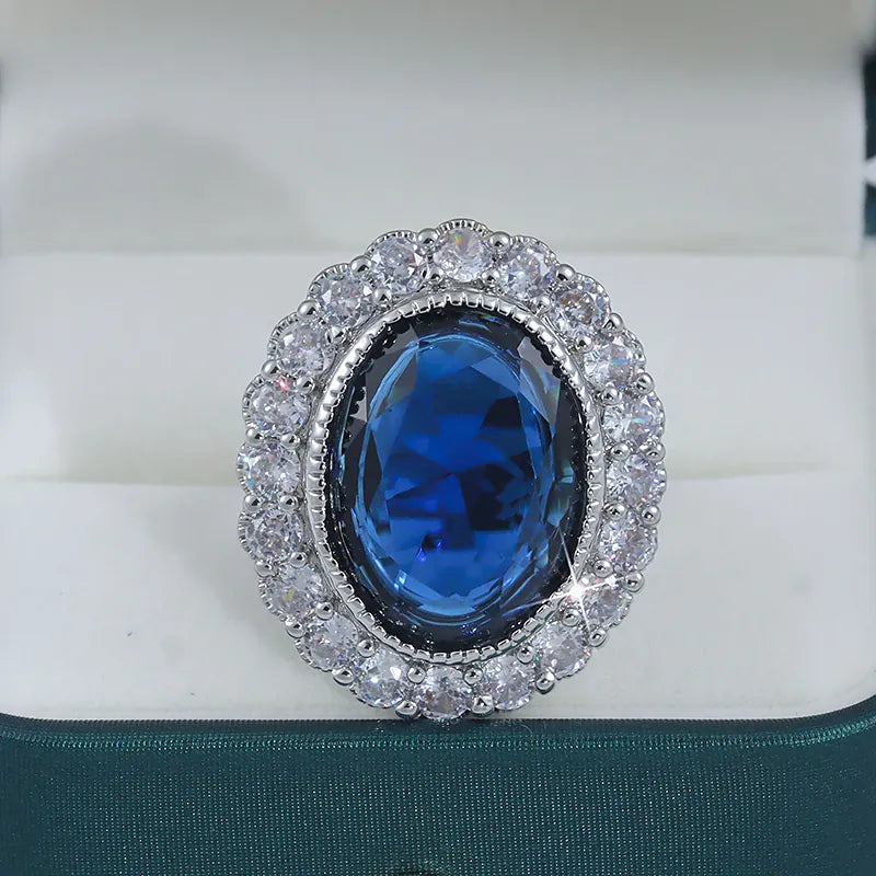 KissICON New High Quality Blue Zircon Ring for Women's Big Shiny AAA Zircon Jewelry Party Ring Engagement Jewelry Wedding Ring for Women