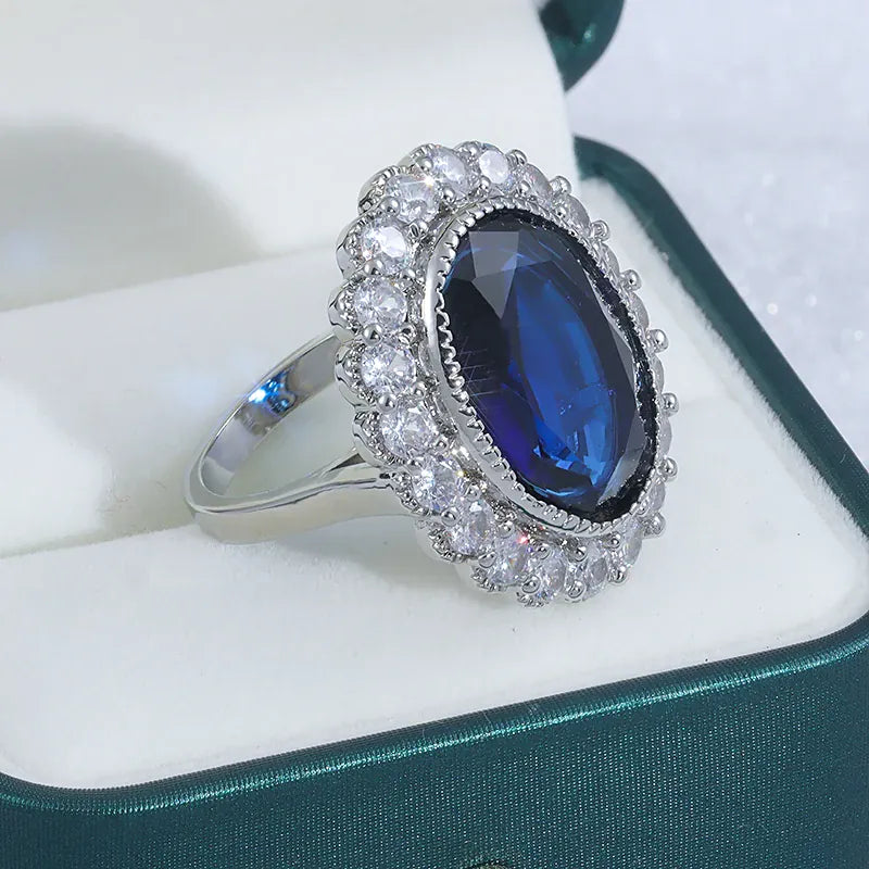 KissICON New High Quality Blue Zircon Ring for Women's Big Shiny AAA Zircon Jewelry Party Ring Engagement Jewelry Wedding Ring for Women